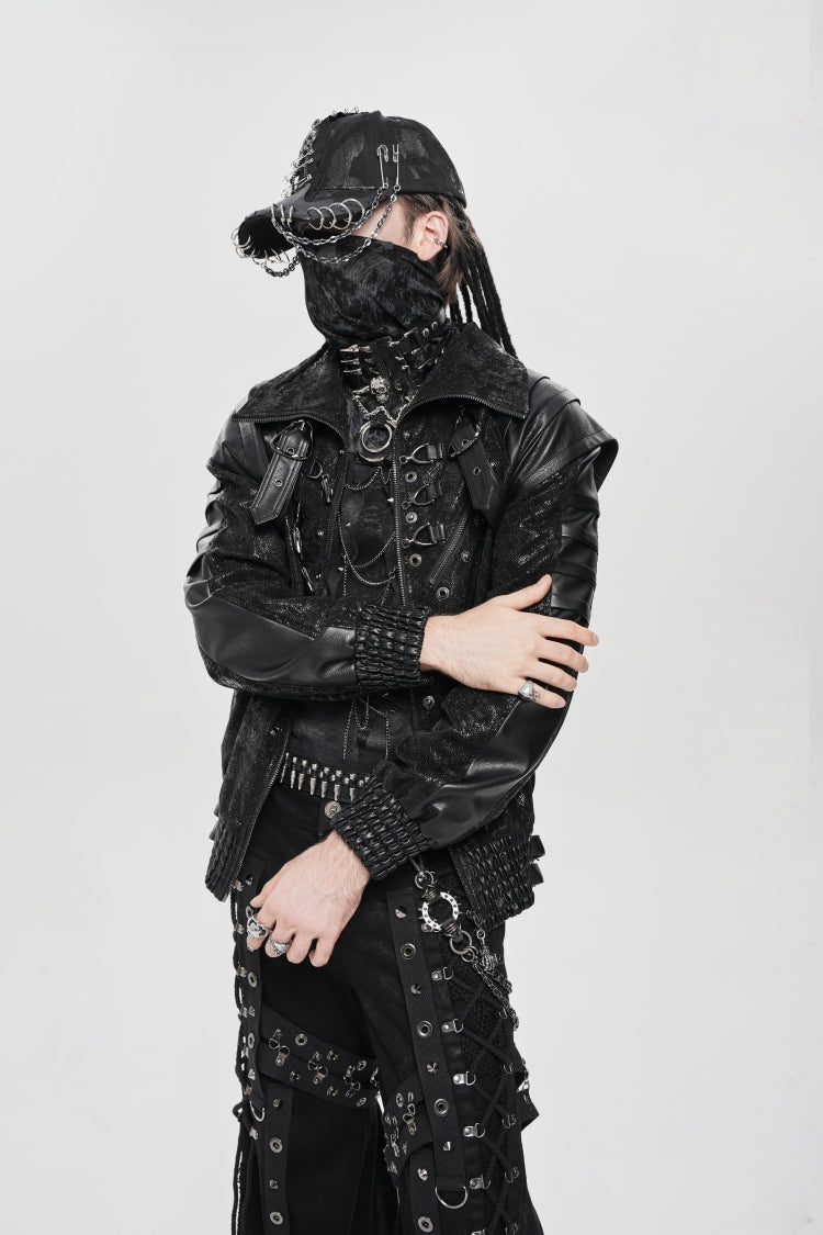 Men's Punk Coat with Buckle Zipper Straps and Stitched Black Faux Leather