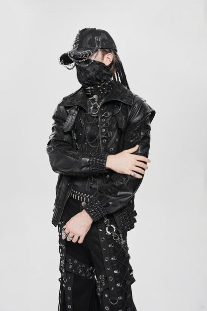 Men's Punk Coat with Buckle Zipper Straps and Stitched Black Faux Leather