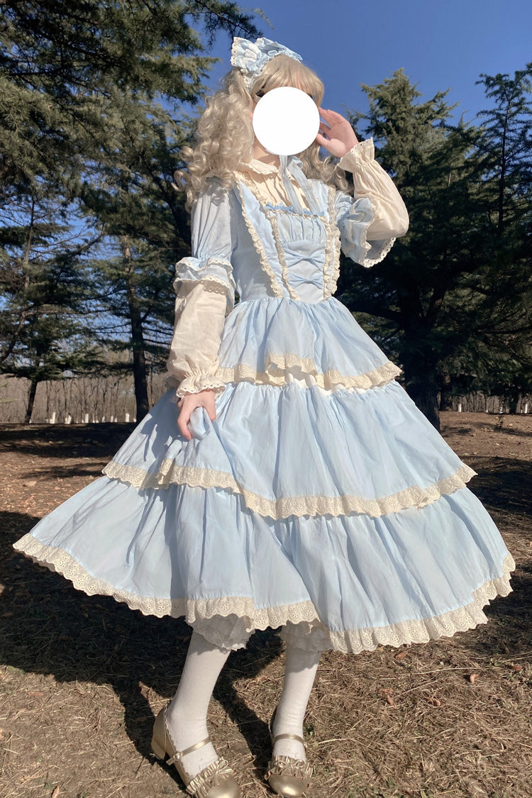 Blue Lapel-Collar Long-Sleeved High-Waisted Multi-Layer Bow-Trim Sweet Lolita Dress