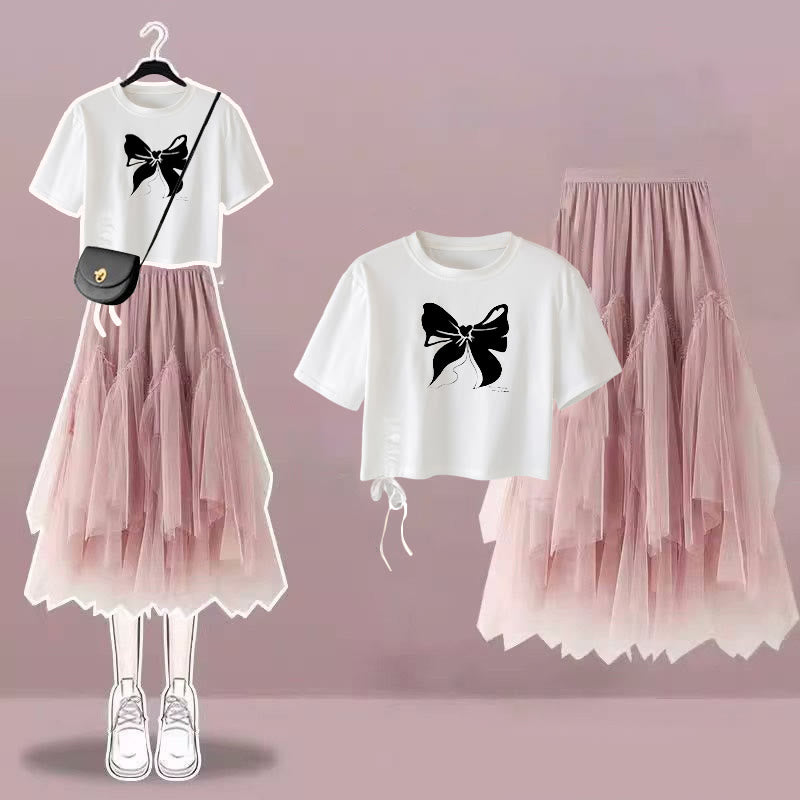 Drawstring Print Loose T-Shirt Tulle Skirt