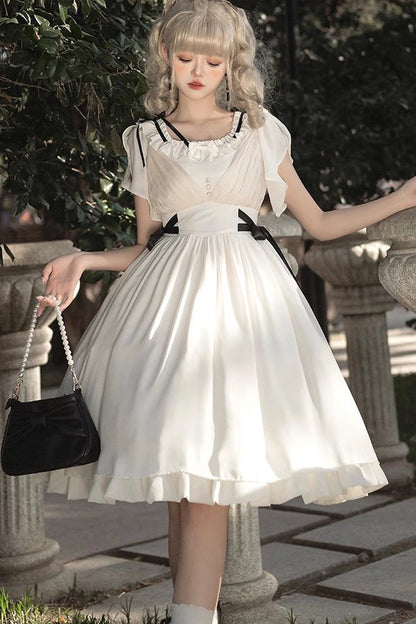 White Moonlight March Chiffon Short-Sleeved Ruffled Sweet Lolita Dress