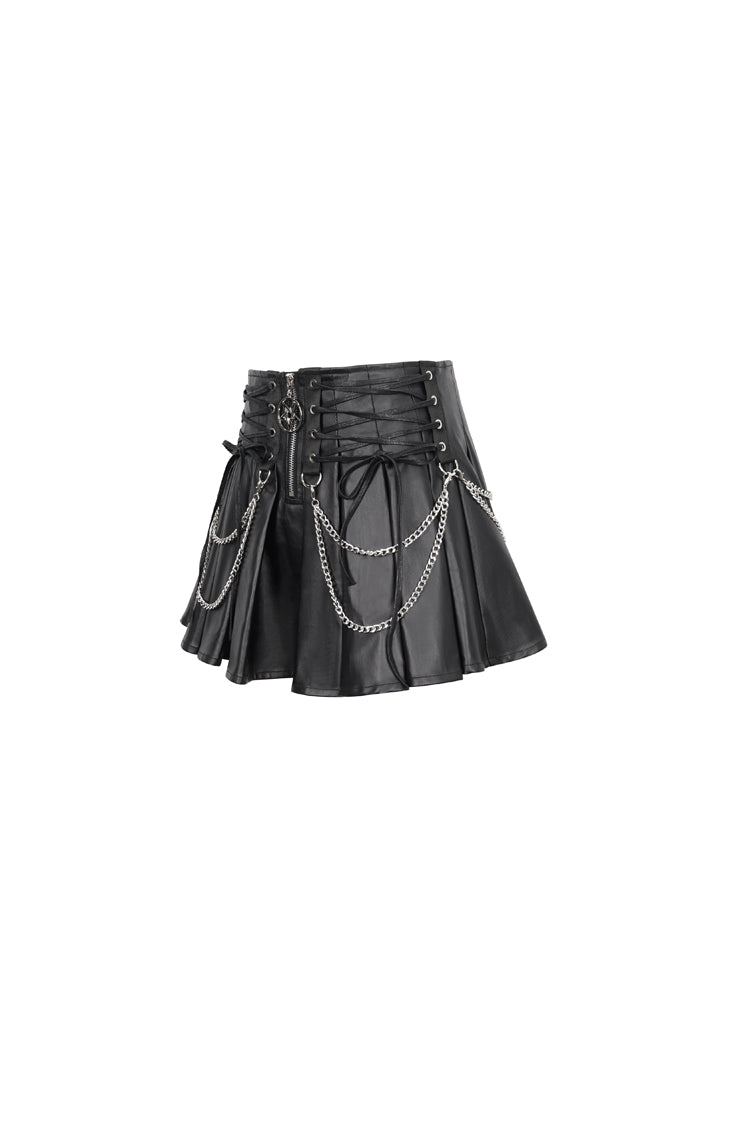 Gothic Women's Pleated Skirt with Faux Leather Web Eyelet Adjustable String and Chain