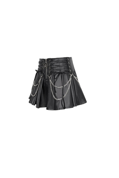 Gothic Women's Pleated Skirt with Faux Leather Web Eyelet Adjustable String and Chain
