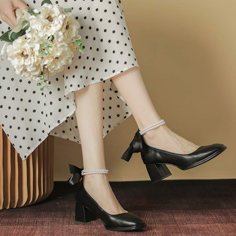 Elegant Pearl Bow High-heeled Shoes