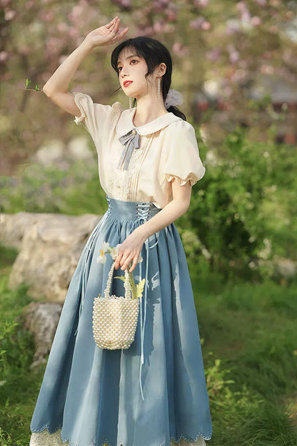 Solid Color Lapel Collar Short Sleeves High Waist Lace-Up Wave Hem Classic Lolita Two-Piece Set 7 Colors