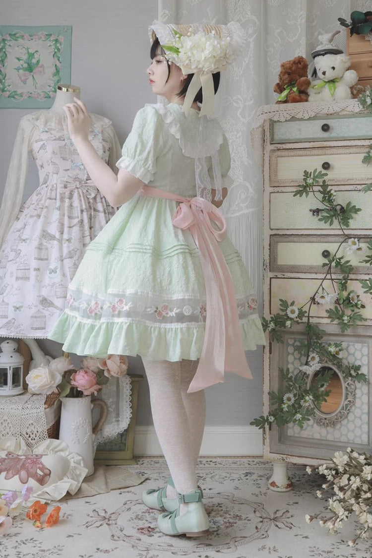 Green Short-Sleeved Rose Print Ruffled Bow-Trim Sweet Lolita Dress