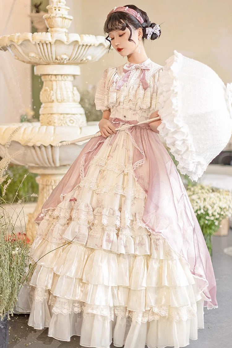 Bellflower Print Ruffled Lace Sweet Princess Gown