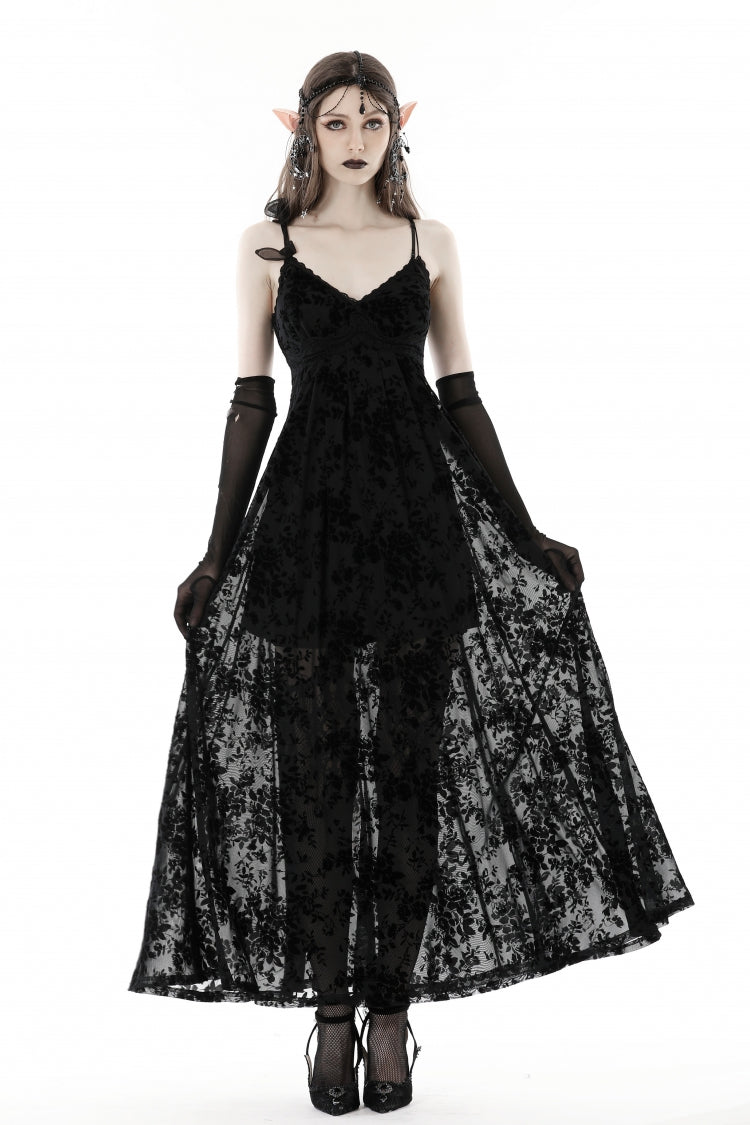 Maxi Rose Print Gothic Slip Dress with Lace-Up Back - NoirEdge