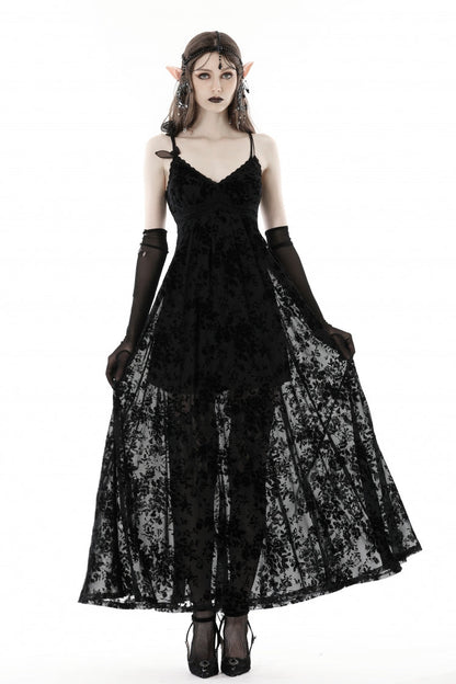 Maxi Rose Print Gothic Slip Dress with Lace-Up Back - NoirEdge
