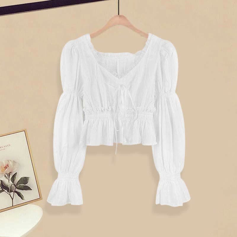 Dress Up Lace Irregular Set Slip Puff Sleeve Shirt Skirt