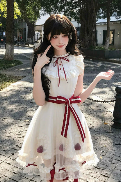 Ivory Strawberry Mousse Cake Stand Collar Sleeveless Mesh Ruffle Bow Lace Sweet Lolita Dress