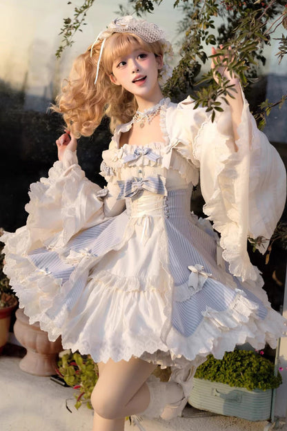 Sleeveless Double Printed Ruffled Open Bow Lace-Up Sweet Lolita JSK Short