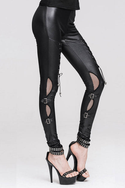 Gothic Cutout Faux Leather Lace-Up Slim Leggings