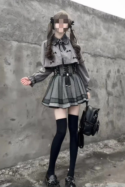 Grey Houndstooth Printed Ruffled Lace-Up Japanese Set