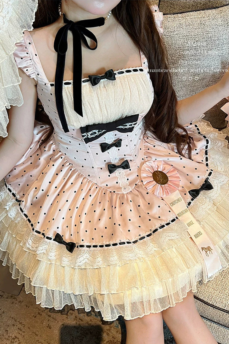 Rose Dot Waltz Square Neck Flutter Sleeve Triple Layer Printed Ruffle Bow JSK Dress