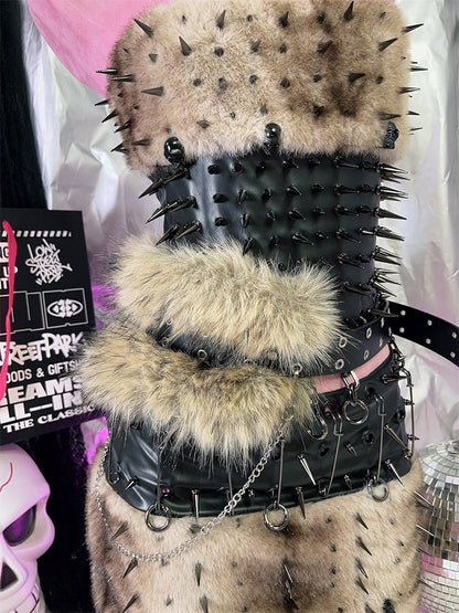 Y2K BlackPU Plush Trim Waist Belt with Chain Design