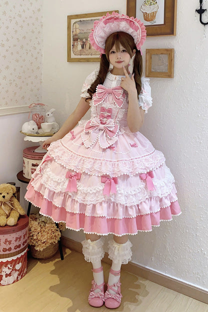 Pink Fondant Cake Sleeveless Multi-Layer Ruffle Bow Lace Sweet JSK Dress