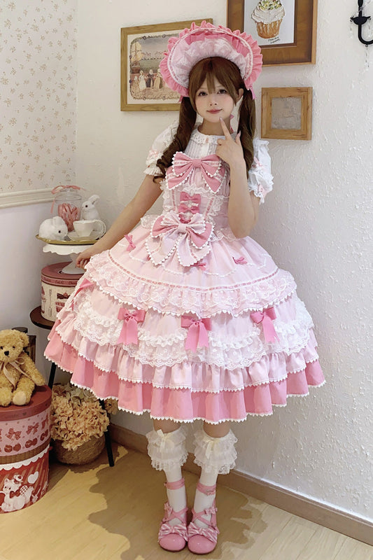 Pink Fondant Cake Sleeveless Multi-Layer Ruffle Bow Lace Sweet JSK Dress
