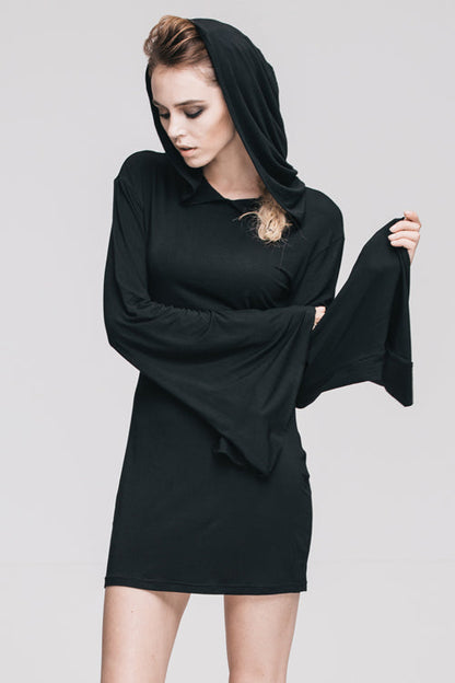 Flared Sleeve Hooded Knit Gothic Mini Dress