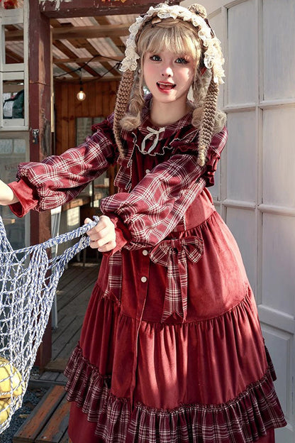 Velvet Plaid Print Bowknot Christmas Sweet Lolita Dress in Red