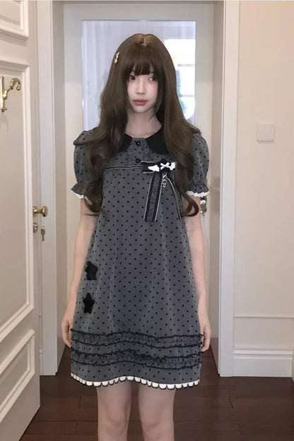Grey Little Star Wish Doll Collar Short Sleeve Polka Dot Bow Classic Japanese Lolita Dress