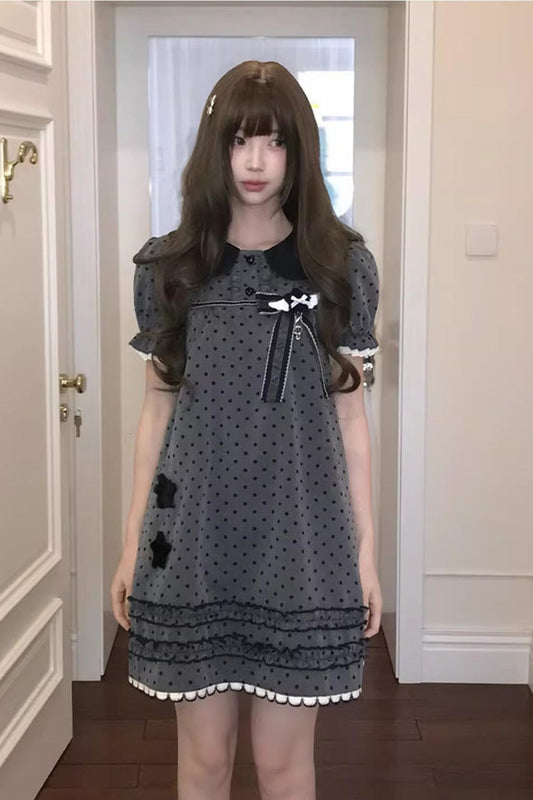 Grey Little Star Wish Doll Collar Short Sleeve Polka Dot Bow Classic Japanese Lolita Dress