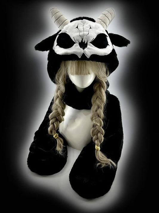 Black and White Scarf Gloves and Hat All-in-one with Horns