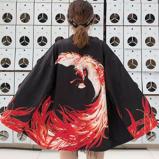 Kimono-Oberbekleidung mit leuchtendem Phoenix-Print und Sonnenschutz