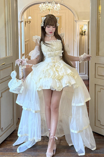 Mousse Love Song Off-Shoulder Sleeveless Triple-Layered Ruffled Hanayome Bow Sweet Elegant Ballet Lolita Short Dress Set in Beige