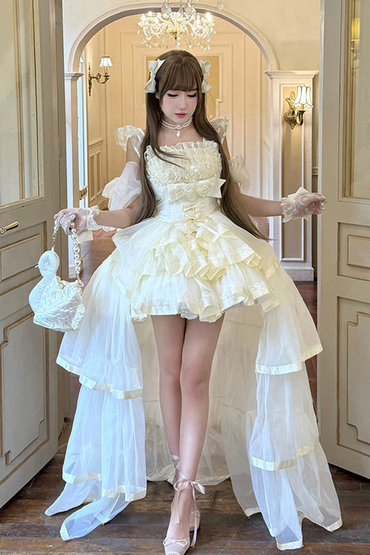 Mousse Love Song Off-Shoulder Sleeveless Triple-Layered Ruffled Hanayome Bow Sweet Elegant Ballet Lolita Short Dress Set in Beige