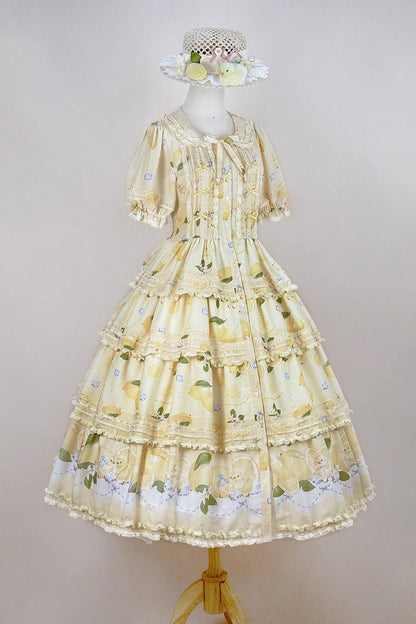 Lemon Chicken Short Sleeve Triple Layer Print Ruffle Bow Lace Gorgeous Lolita Gown in Yellow