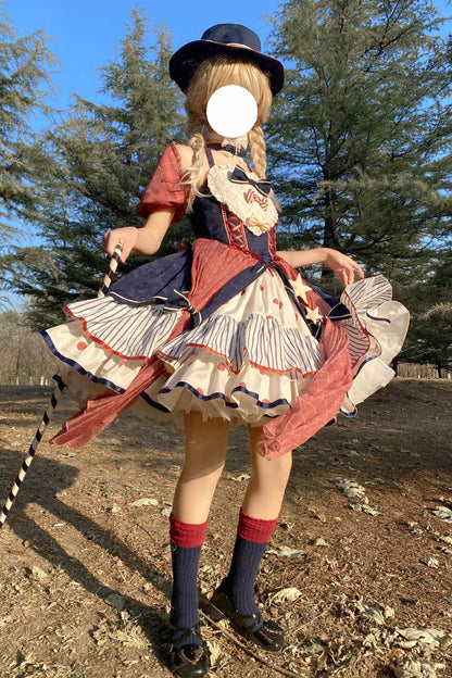 Circus Theme Short-Sleeved Layered Print Ruffled Bow Sweet Dress
