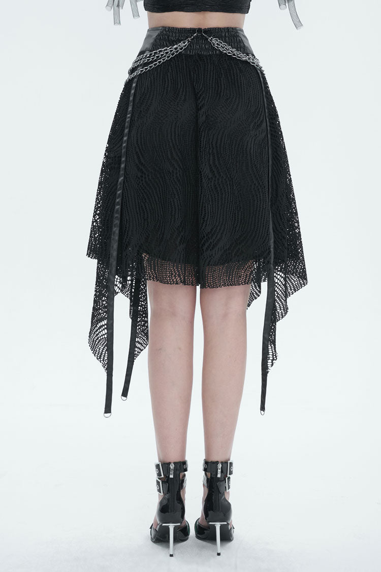 Half Hollow Knit Metal Chain Black Asymmetric Punk Skirt