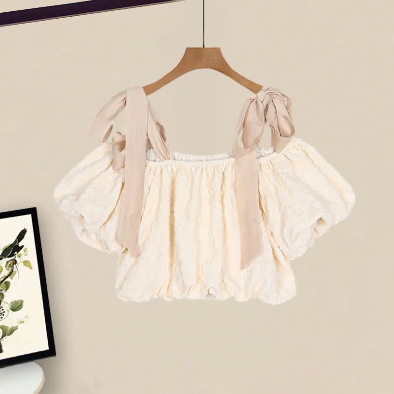 Lace Puff Crop Denim Pants T-Shirt Shoulder Up Skirt