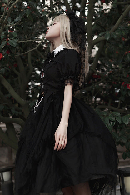Black Rose Embroidered Gothic Lolita Dress Set with Cutout Top