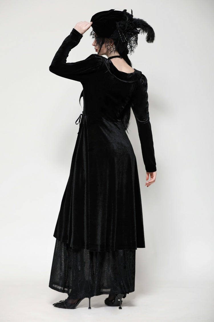 Coal Eyelet Side Slit Gothic Maxi Gown with Long Sleeves