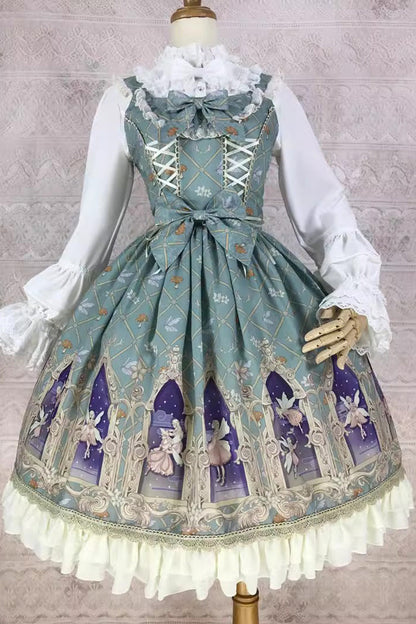 Dream Elf Print Ruffle Bowknot Jsk Dress - Sweet Lolita