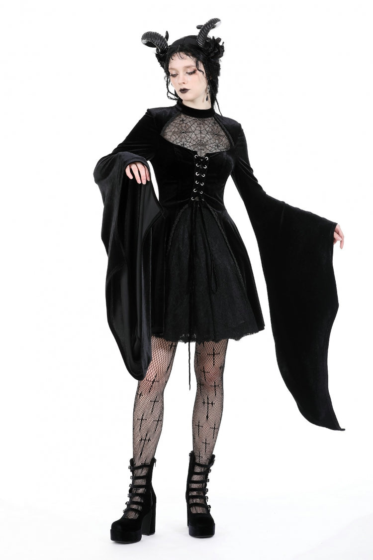 Velvet Gothic Wedding Gown with Mesh and Lace-Up Details