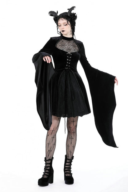 Velvet Gothic Wedding Gown with Mesh and Lace-Up Details