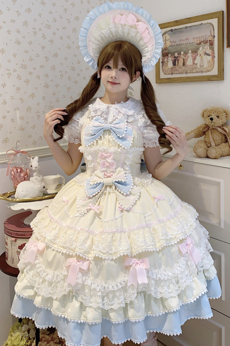 Fondant Cake Sleeveless Layered Ruffle Bow Lace Sweet Lolita JSK in Yellow Blue