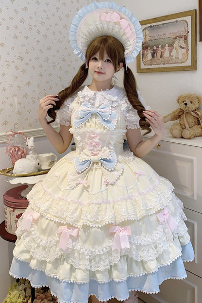 Fondant Cake Sleeveless Layered Ruffle Bow Lace Sweet Lolita JSK in Yellow Blue