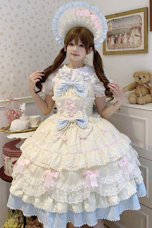 Fondant Cake Sleeveless Layered Ruffle Bow Lace Sweet Lolita JSK in Yellow Blue