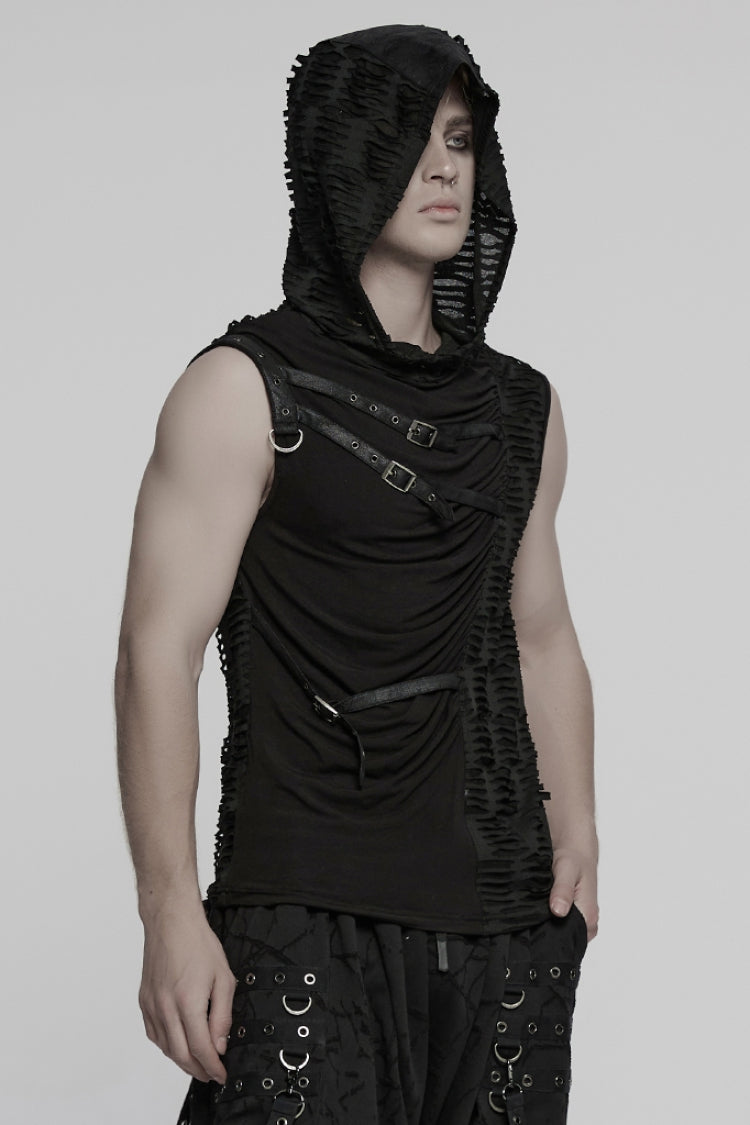 Ruched Punk Sleeveless Hooded Vest with Rips - NoirEdge