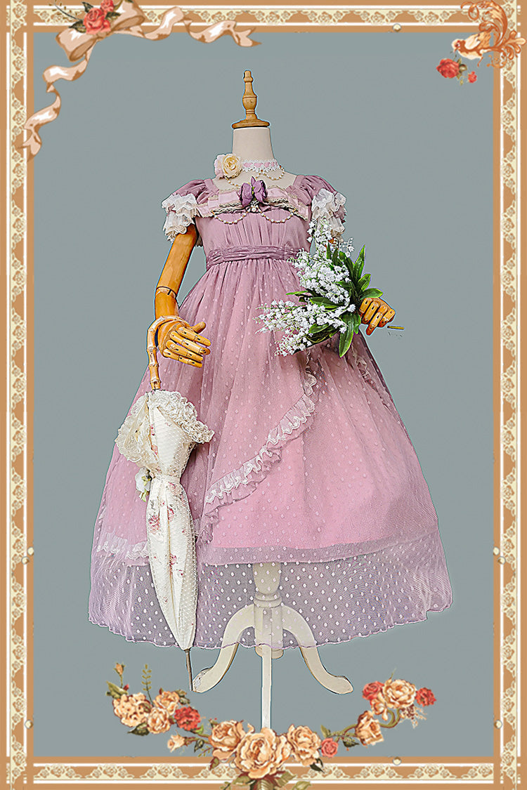 Rose Moon Goddess Mediana Polka Dot Print Ruffle Bow Asymmetrical Elegant Lolita Gown