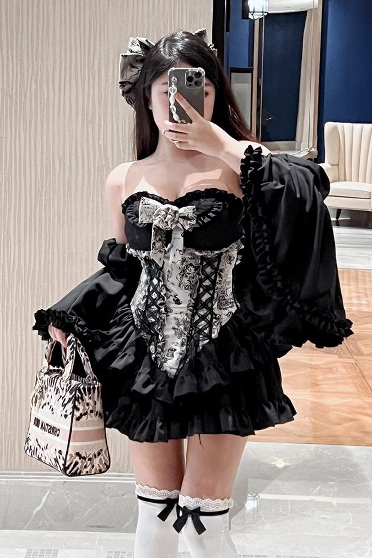 Printed Gothic Princess Strapless Dress with Ruffled Embroidery - Gentle Treasure