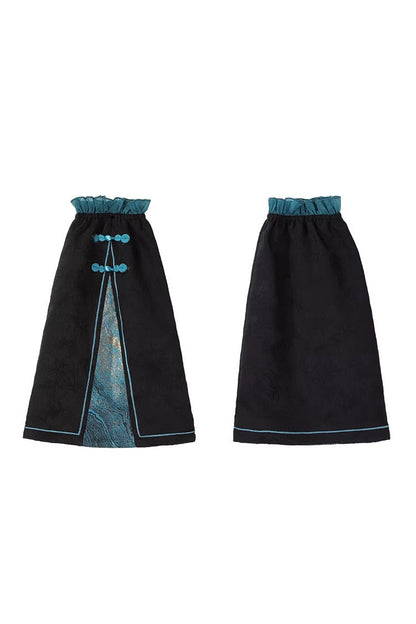 Cut-Out Embroidered Chinese Style Jumper Dress - Black/Blue Misty Teal