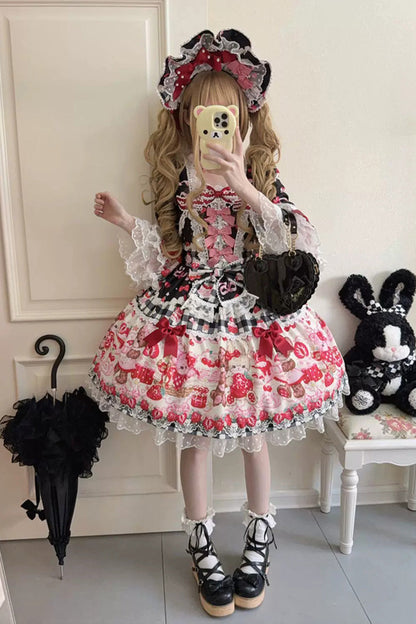 Sweet Berry Bunny Lolita OP Dress with Bow and Lace - Noir