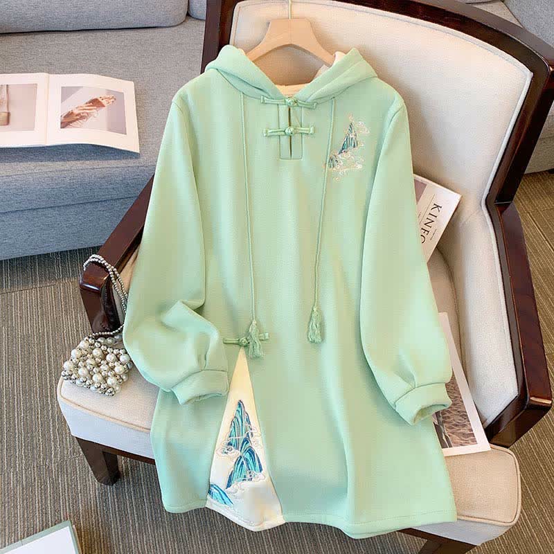 Vintage Embroidery Buckle Plush Hoooded Sweatshirt Dress