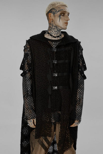 Webbing Buckle Asymmetric Hem Black Gothic Vest for Men