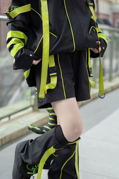Cat Ear Hooded Jirai Kei Long Sleeve Coat in Yellow Green Black